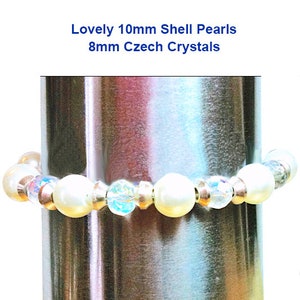 8 Clear AB Czech Crystal and Shell Pearl Silver Bracelet, TierraCast Pewter, Flower Box Clasp, Sapphire Swarovski Crystal Silver Petals image 3