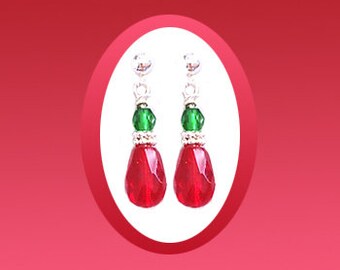 Red and Green Crystal Teardrop Earrings, Czech Crystals, Sterling Silver Daisy Spacers, Choose Your Favorite Sterling Silver Earrings Tops