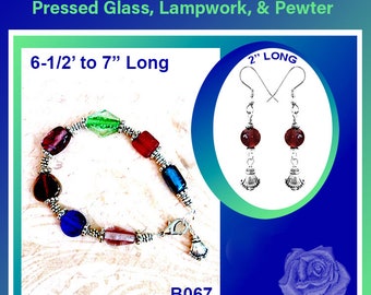 6.5-7" Multicolor Nothing Matches Series Bracelet, Red/Blue/Green/Purple/Silver Lampwork, Silver Lobster Clasp, Earrings-U Pick Earring Tops