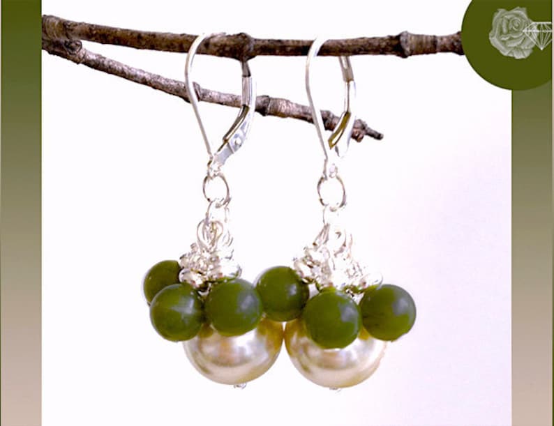 Leverback Earrings 6mm Green Canadian Jade Rounds 12mm Champagne Glass Pearls Pewter and Silver Spacers BallPins Sterling Silver Lever Backs