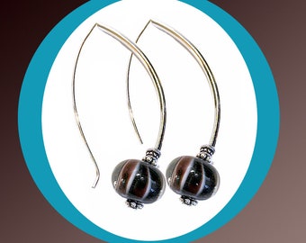 Long Hook Pull Through Silver Earrings, Curved Tubes, Handmade Lampwork Rondel Beads, TierraCast Pewter Bead Caps, Threader Ear Threads