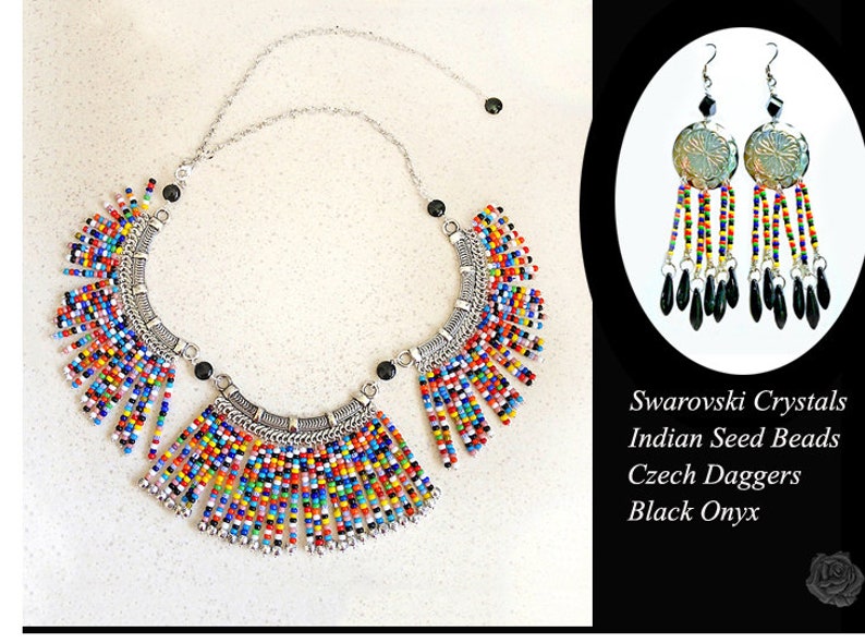 14 to 25 Adjustable Bib Necklace Multicolor Primary Color Indian Beads Black Onyx Beads Fancy Pewter and Silver Elements Cleopatra Style
