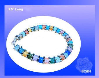 7.5" Multicolor Pastel Tennis Bracelet, Blue-Aqua-Turquoise-Yellow-Peach-Lilac-Teal Czech Rondels, Pewter Accents and Silver Lobster Clasp