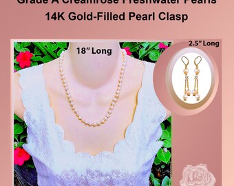 18" Necklace Freshwater Pearl Peach Pearls Classic Cream Pearls ~8mm Vermeil Clasp and/or Matching Earrings, Pick Your Favorite Earring Tops