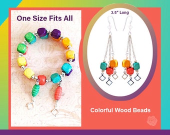 Multicolor Wood Stretch Bracelet Wrap/Bangle, Purple, Green, Yellow, Pink, Orange, Peach, Silver Balls, Heart Earrings, You Choose the Tops