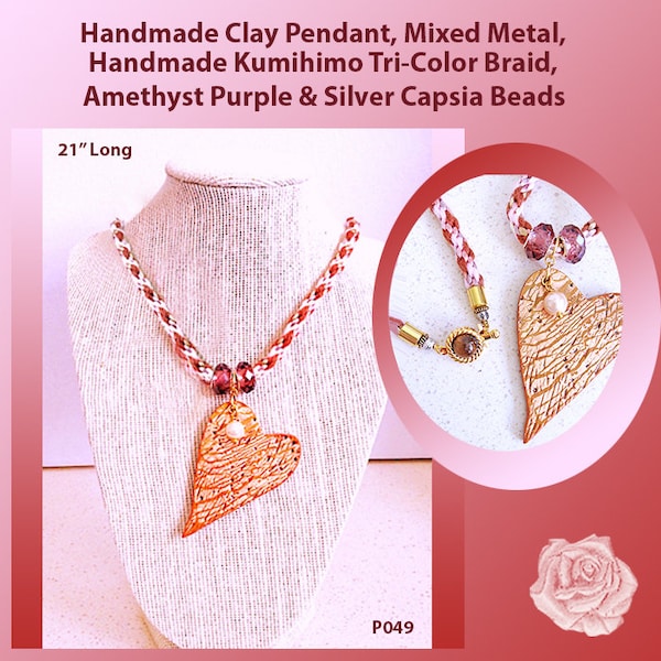 21" Gold, Copper Heart Pendant Necklace, Pink/Brown Japanese Kumihimo Fiber Braid, Clay Copper Heart, Pearl, Amethyst Crystal,  Box Clasp