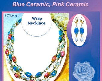 60" Pink and Blue Ceramic Wrap Necklace with Pewter, Clear AB Czech Crystals, Mixed Metal Bead Chain, Earrings, You Pick Your Tops Style