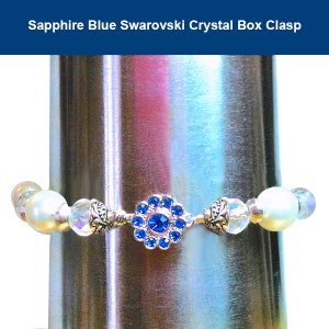 8 Clear AB Czech Crystal and Shell Pearl Silver Bracelet, TierraCast Pewter, Flower Box Clasp, Sapphire Swarovski Crystal Silver Petals image 2