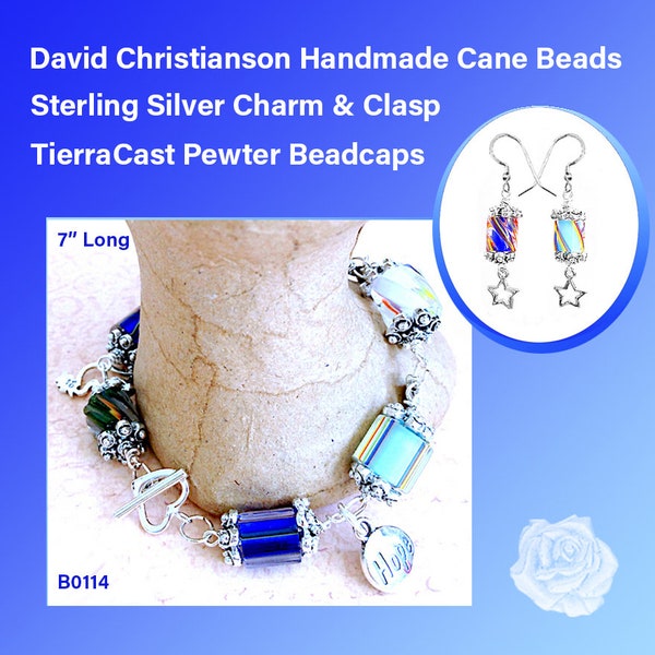 7" Designer David Christensen Blue Cane Glass/Furnace Glass Bracelet, Sterling Silver Charms and Heart Clasp, Earrings, You Pick Tops