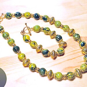 Yellow Green Black Afghanistan Jasper 20 Necklace, 8 Bracelet, Gold Pewter Fancy Spacers, TierraCast Gold Pewter Toggle Clasps, Stunning Set As Shown