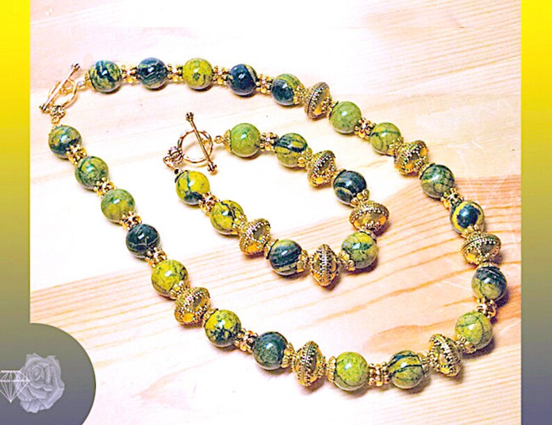 Yellow Green Black Afghanistan Jasper 20 Necklace, 8 Bracelet, Gold Pewter Fancy Spacers, TierraCast Gold Pewter Toggle Clasps, Stunning Set As Shown