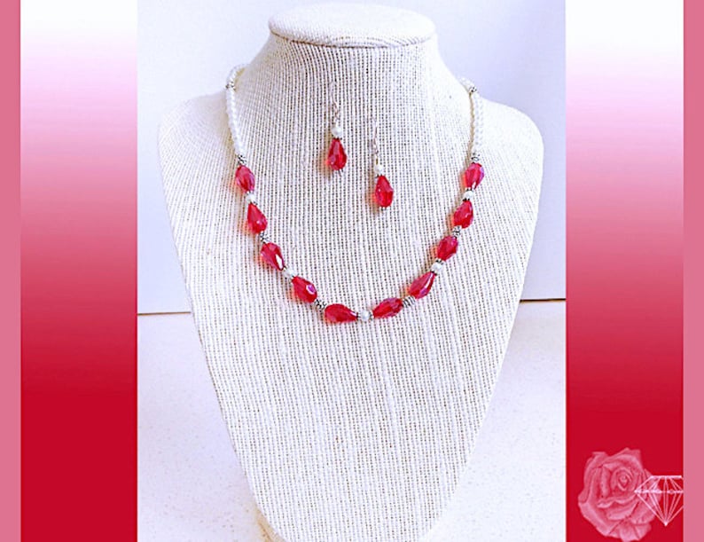16 Necklace Red Crystal Teardrop White Glass Pearl Choker Necklace Fancy Silver Spacers Silver Toggle Clasp AndOr Silver Crystal Earrings