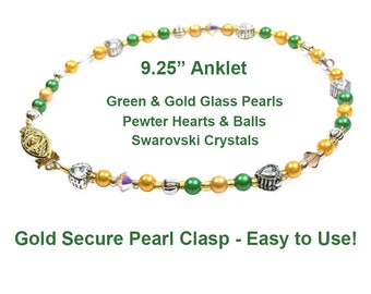 9.25" Anklet, Gold Green 4mm Pearl Gold Silver Seed Beads 4mm Clear Topaz Swarovski Crystal Bicones Pewter Hearts Silver Beads Gold Clasp