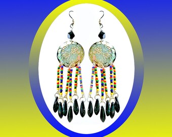 Indian Beads Black and Silver Chandelier Earrings, Fancy Etched Silver Medallions, Swarovski Jet Crystals, Czech Daggers, You Pick Your Tops