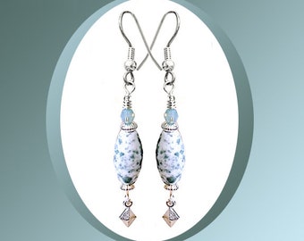 Turquoise Granite Earrings, Aqua, Turquoise Ceramic Granite, Swarovski Pacific Opal Crystals, Pewter Dangles, You Choose Earrings Findings