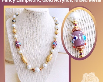 19" White Shell Pearls, Purple Fancy Lampwork Necklace, Lightweight Gold Beads, Gray Pearls, Artsy, Silk Knotted, Gold Rose Gold Accents