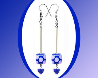 Blueberry Lampwork Cube, Long Clear Glass Tube Silver Earrings, Blue Enameled Heart Charms, You Choose Your Favorite Earring Finding Tops