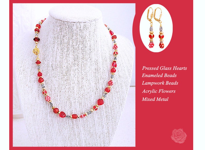 17 Necklace 6-8mm Pink Round Czech Crystals 1-Inch Red Crystal Valentine Heart Pendant Wire Wrapped Bale Bright Silver Ornate Toggle Clasp