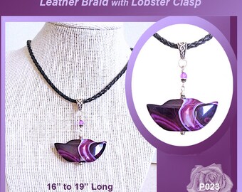 16-19" Purple Banded Agate Pendant Necklace, Fancy Centerpiece Pendant, Purple Jade, Pewter Bale, Black Leather Cord, Silver Lobster Clasp