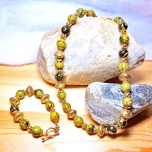 Yellow Green Black Afghanistan Jasper 20 Necklace, 8 Bracelet, Gold Pewter Fancy Spacers, TierraCast Gold Pewter Toggle Clasps, Stunning image 3