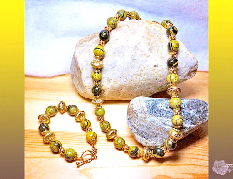 Yellow Green Black Afghanistan Jasper 20 Necklace, 8 Bracelet, Gold Pewter Fancy Spacers, TierraCast Gold Pewter Toggle Clasps, Stunning image 3