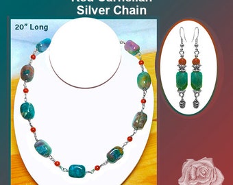 20" Wire Wrapped Green Agate Chunks, Red Carnelian, and Pewter Bead Chain Necklace, Earrings - You Choose Your Favorite Earring Finding Tops