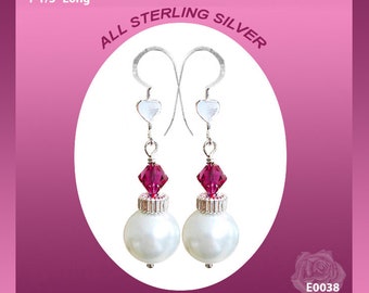 Fuchsia Pink Swarovski Crystals, White Swarovski Pearls Earrings, Sterling Silver Corrugated Beads, ALL Sterling Silver, You Choose Tops