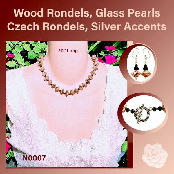 20" Tan with Brown Speckles Wood Rondels and Black Czech Crystal Necklace, Black Glass Pearl, Fancy Pewter Toggle, Earrings- You Choose Tops