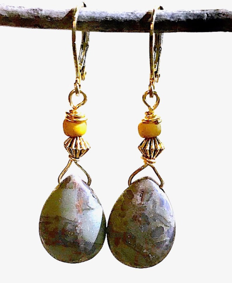 17 Necklace Chocolate Brown Jasper Teardrops Mustard Seed Beads Gold Accents 2-Strands Earthtones AndOr Matching Gold Leverback Earrings