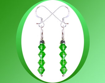 Peridot Swarovski Crystal Earrings, Sterling Silver Bead Caps, Silver Bugle Beads, Sterling Silver Earrings, You Pick Earring Tops Style