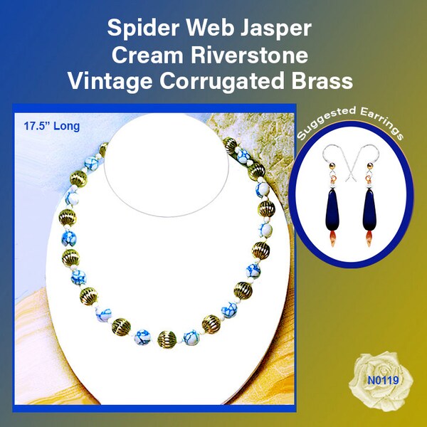 17.5" Blue and White Spider Web Riverstone Necklace with Golden Vintage Brass Beads, Silk Knots Between Beads, and an 18K Gold Vermeil Clasp