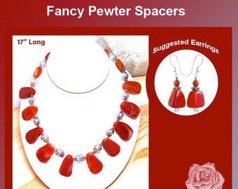 17" Red Freeform Carnelian Necklace, Fancy Hollow Pewter Spacers, Fancy Pewter Toggle Clasp, Coordinating Earrings Are Available Separately