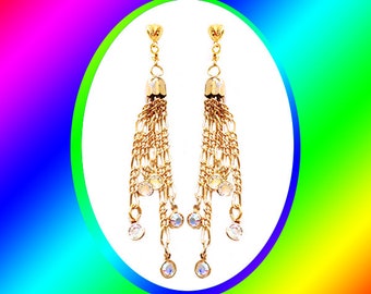 Clear AB Swarovski Crystals, Bezel Set, Long Gold Chains, Gold Tulip Bead Caps Gold Earrings, You Choose Your Favorite Earring Finding Tops