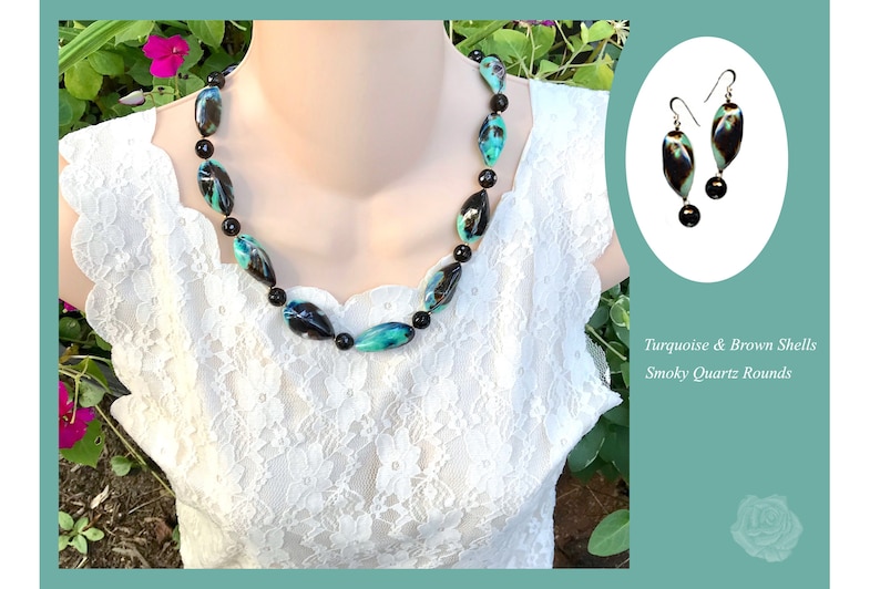 20 Necklace Turquoise and Brown Shells AAA Faceted Smokey Quartz Rounds Silver Hook Clasp AndOr Matching Earrings Sterling Silver EarWires