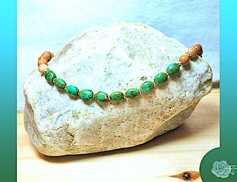 17 Necklace 8mm Light Brown Wood Jasper Rounds 8x10mm Czech Glass Plump Oval Stone Look Picasso Green Beads Gold Spacers Gold Pearl Clasp