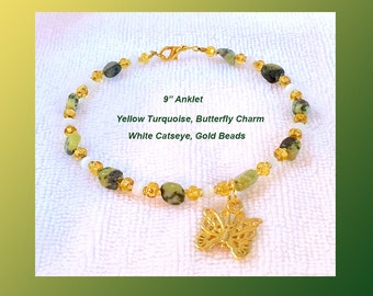9" Anklet Yellow Turquoise Small Smooth Nuggets 4mm White Catseye Rounds Gold Seed Beads Gold Lobster Clasp Gold Filigree Butterfly Charm