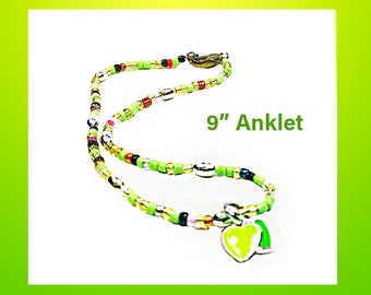 9" Anklet Green Black Gold Red Silver Tiny #12 Seed Beads Silver Ovals Coppery Lobster Clasp Enameled Double Hearts Charm Green and Yellow