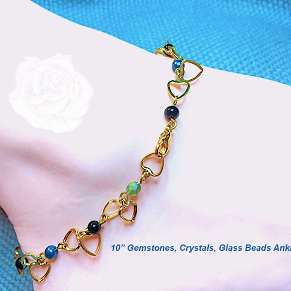 10" Anklet Multicolor Gemstones Pearls Millifiori Pressed Glass Beads Double Gold Open Hearts Chain Gem Stones Gold Lobster Clasp Closure