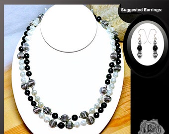 18" Black n White Pearls, Silver Necklace, Fancy Pewter Spacers, 2-Strand Updated Traditional Necklace, Sterling Silver Double Strand Clasp
