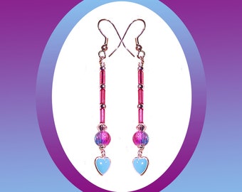 Blue and Pink Crackle Bead Earrings, Pink Glass Bugles, Silver Accents, Blue Enameled Heart Dangles, You Choose Your Favorite Earring Tops