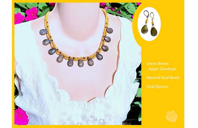 17 Necklace Chocolate Brown Jasper Teardrops Mustard Seed Beads Gold Accents 2-Strands Earthtones AndOr Matching Gold Leverback Earrings