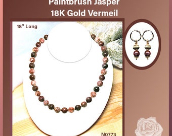 18" Chocolate Mahogany Jasper and Paintbrush Jasper Necklace, 18K Gold Vermeil Rope Toggle Clasp, Earrings - Pick Your Favorite Earring Tops