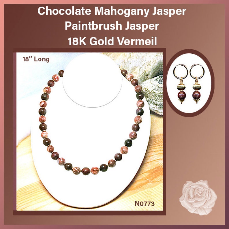 18 Chocolate Mahogany Jasper and Paintbrush Jasper Necklace, 18K Gold Vermeil Rope Toggle Clasp, Earrings Pick Your Favorite Earring Tops image 1