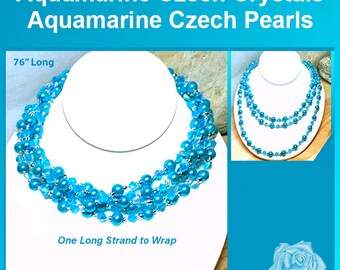 76" Turquoise Blue Wrapable Necklace, Czech Pearls, Czech Aquamarine Crystals, Silver Magnetic Clasp, Earrings Available Separately