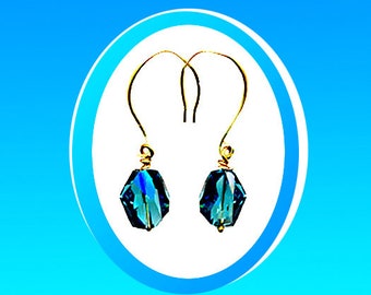 Blue-Green Indicolite Oblique Cosmic Swarovski Crystal Earrings, 14K Gold-Filled Construction Wire, Hand Crafted Ear Wires 0r You Pick Tops