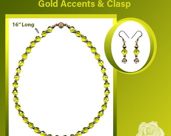 16" Lime Green Czech Crystal Choker Necklace, Gold Corrugated Box Clasp, Gold Dangle Earrings- You Choose Your Favorite Earring Finding Tops