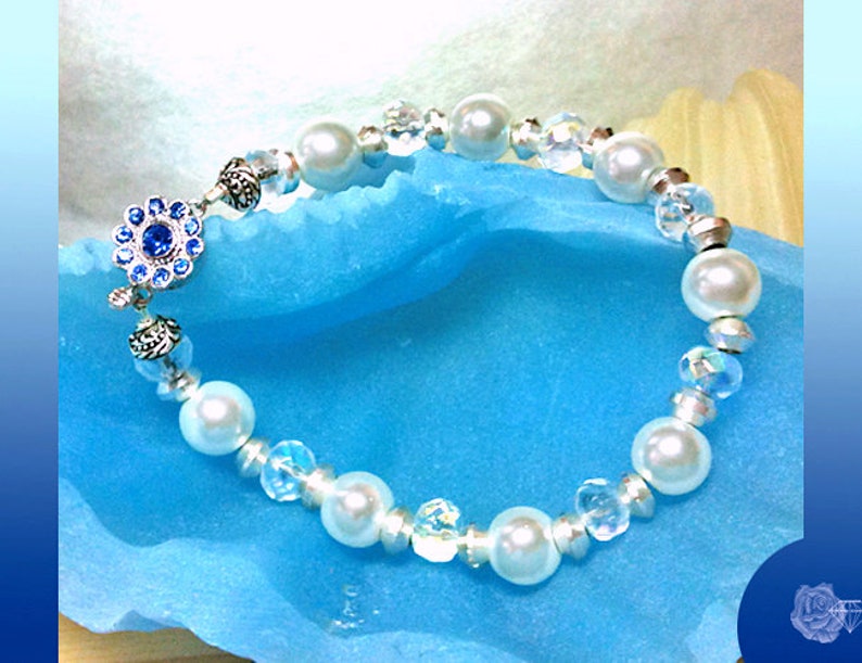 8 Clear AB Czech Crystal and Shell Pearl Silver Bracelet, TierraCast Pewter, Flower Box Clasp, Sapphire Swarovski Crystal Silver Petals image 4