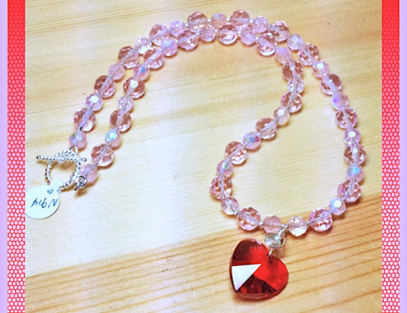 17 Necklace 6-8mm Pink Round Czech Crystals 1-Inch Red Crystal Valentine Heart Pendant Wire Wrapped Bale Bright Silver Ornate Toggle Clasp