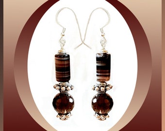 Banded Agate Cappuccino Beads and Smoky Quartz Dangle Silver Earrings, Fancy Pewter Spacers, You Choose Your Favorite Earring Finding Tops