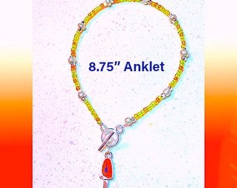 8.5" Anklet Yellow/Orange Seed Beads Silver Toggle Clasp Orange and Purple Enameled Creamsicle Moves Flat Silver Charm Silver Toggle Clasp